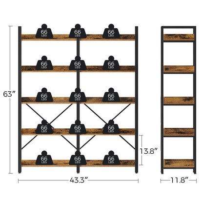 Seventable Bookshelf 5 Tier with 4 Hooks, 63” Industrial Wooden Bookcase, Vintage Storage Rack with Open Shelves, Rustic Standing Bookshelves Metal Frame 43.3” Wide Display Rack, Rustic Brown