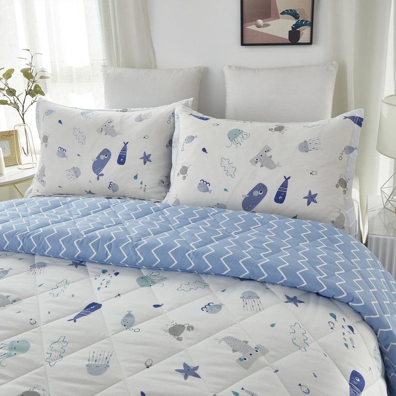 Brandream Kids Duvet Cover Twin Size Cotton Boys Girls Cute Cartoon Blue White Seaworld Comforter Set Ocean Fish Bedding Set 3 Piece