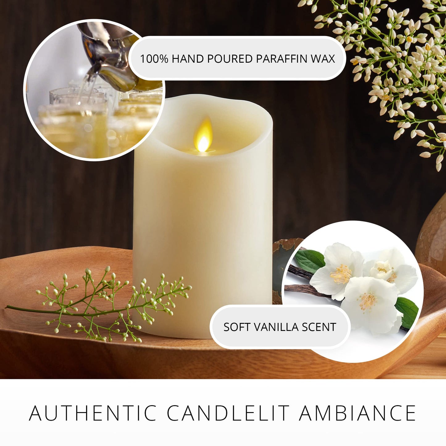 Luminara Scalloped Edge Flameless LED Candle, Ivory, 3" x 5", Battery Operated, Moving Flame, Real Wax Pillar with Timer, Vanilla Honey Scented