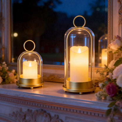 Fohil 5" & 4" Hurricane Glass Candle Holders, Set of 2 Metal Candle Holder with Handmade Sturdy Glass Dome, Candle Lantern for Pillar Candles, Plants, Table Centerpiece, Home Decor