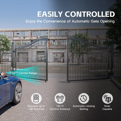 X X-HOUSE C05 Automatic Gate Opener with Solar Panel & Batteries for Medium Duty Single Swing Gates Up to 770lb Arm, 24V Motor Solar Powered Electric Gate Opener with 2 Remotes Complete Kit