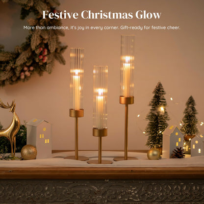 Gold Hurricane Taper Candle Holders: Glasseam 3Pcs Brass Candlestick Holders with Ribbed Glass Cylinder Cover Fluted Tall Candle Sticks Holder Decor for Table Centerpiece Wedding Christmas Decorations