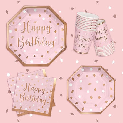 Rose Gold Birthday Party Supplies - Disposable Paper Plates Napkins Cups Tablecloth &amp Banner for Girl/Women Celebration Serves 25 - Decorate with Our Rose Gold Plates and Napkins Set