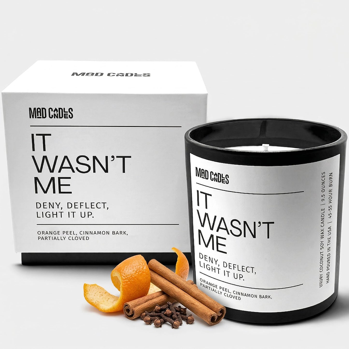 Mad Candles – It WASN’t Me – Sophisticated Warm Spice Scent – Bold Black Candle – 9.5 oz Coconut Soy Wax Blend, Eco-Friendly Gift for Women & Men, Hand Poured in USA, 55-Hour Burn, Clean Cotton Wick