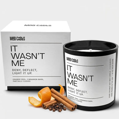 Mad Candles – It WASN’t Me – Sophisticated Warm Spice Scent – Bold Black Candle – 9.5 oz Coconut Soy Wax Blend, Eco-Friendly Gift for Women & Men, Hand Poured in USA, 55-Hour Burn, Clean Cotton Wick