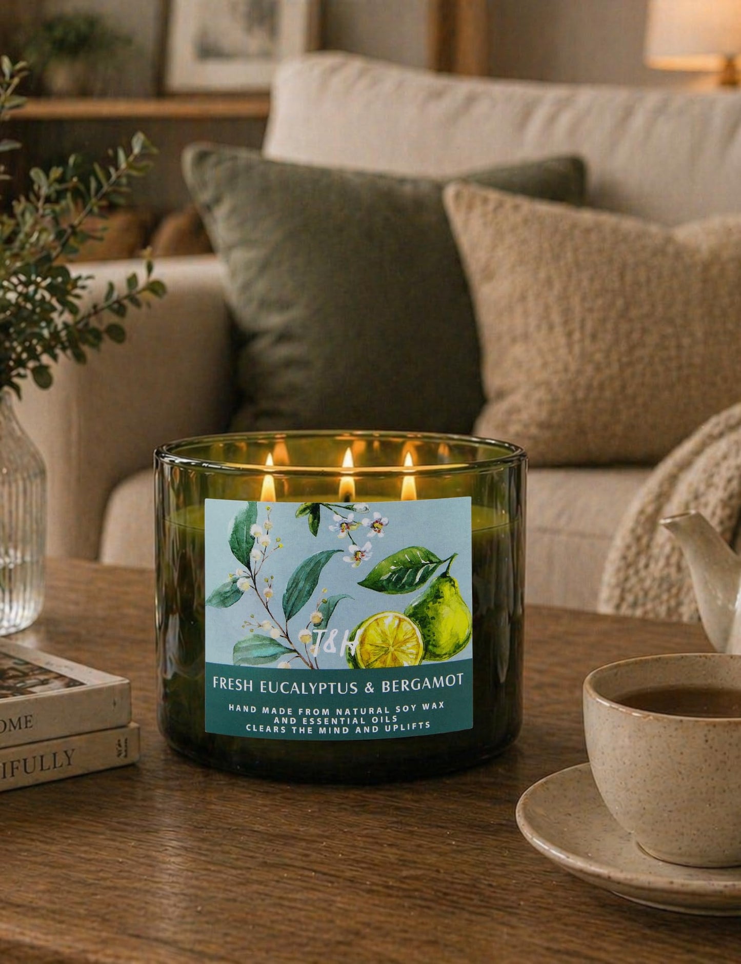 Eucalyptus Bergamot 3 Wick Candle for Home Scented | 15.8 oz Large Soy Candle | Spa Aromatherapy Candles for Home Stress Relief Relaxation | Clean Burn | Gift for Women & Men Housewarming