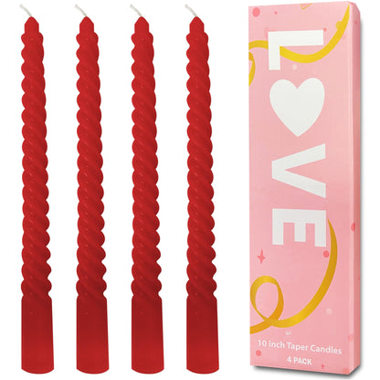 Topsics 4 Pack Christmas Candles - Red Taper Candles, Unscented 10 inch Spiral Tapered Candles for Christmas Decor