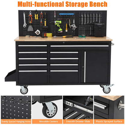 ActiveTrail 61" Tool Cabinet with Wheels, 10 Drawers Rolling Tool Chest, Heavy Duty Storage Workbench with Power Strip, Solid Rubber Wood Top, 1675 LBS Capacity, Mobile Tool Box for Garage, Shop