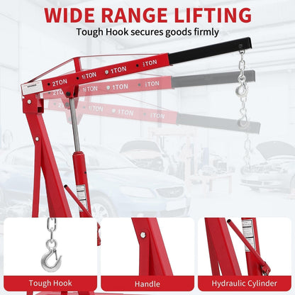 ActiveTrail 2 Ton Folding Hydraulic Engine Hoist, Load Leveler, 4400 LBS Capacity, Heavy Duty Cherry Picker, 6 Swivel Wheels, Hydraulic Pump Adjustable Boom (0.5t-2t) for Garage Workshop Warehouse