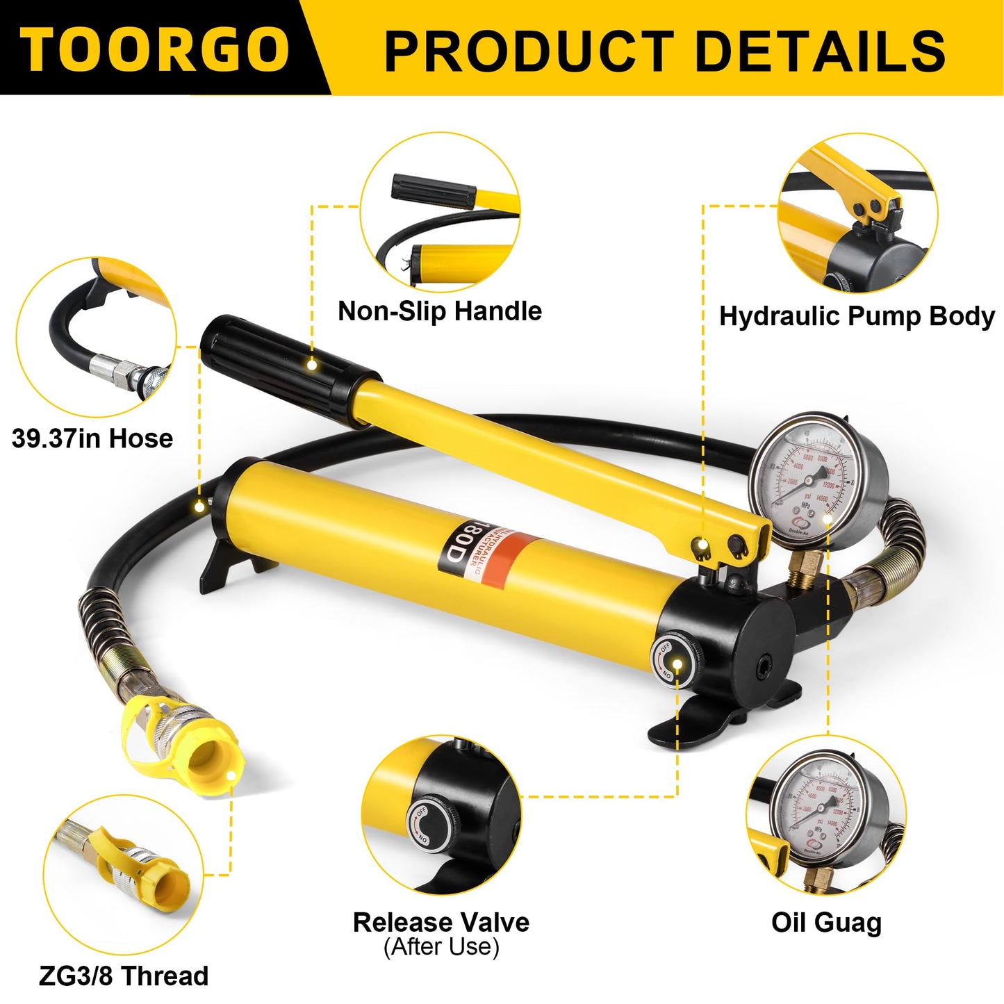 TOORGO CP-180 Hydraulic Hand Pump with Oil Gauge,Hand Operated Pump Manual Pump Hydraulic Pump for Lifting Cylinders