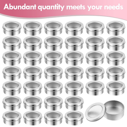 TecUnite 24 Pack 2 Ounce Metal Tin Cans Round Empty Container Salve Tins with Clear Lid for Kitchen, Office, Candles, Candies