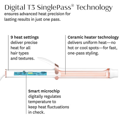 T3 SinglePass Curl X Extra-Long Barrel 1", 1.25", 1.5" Curling Iron with 9 Heat Settings and Ceramic Barrel for Fast Styling and Lasting Results on All Hair Types