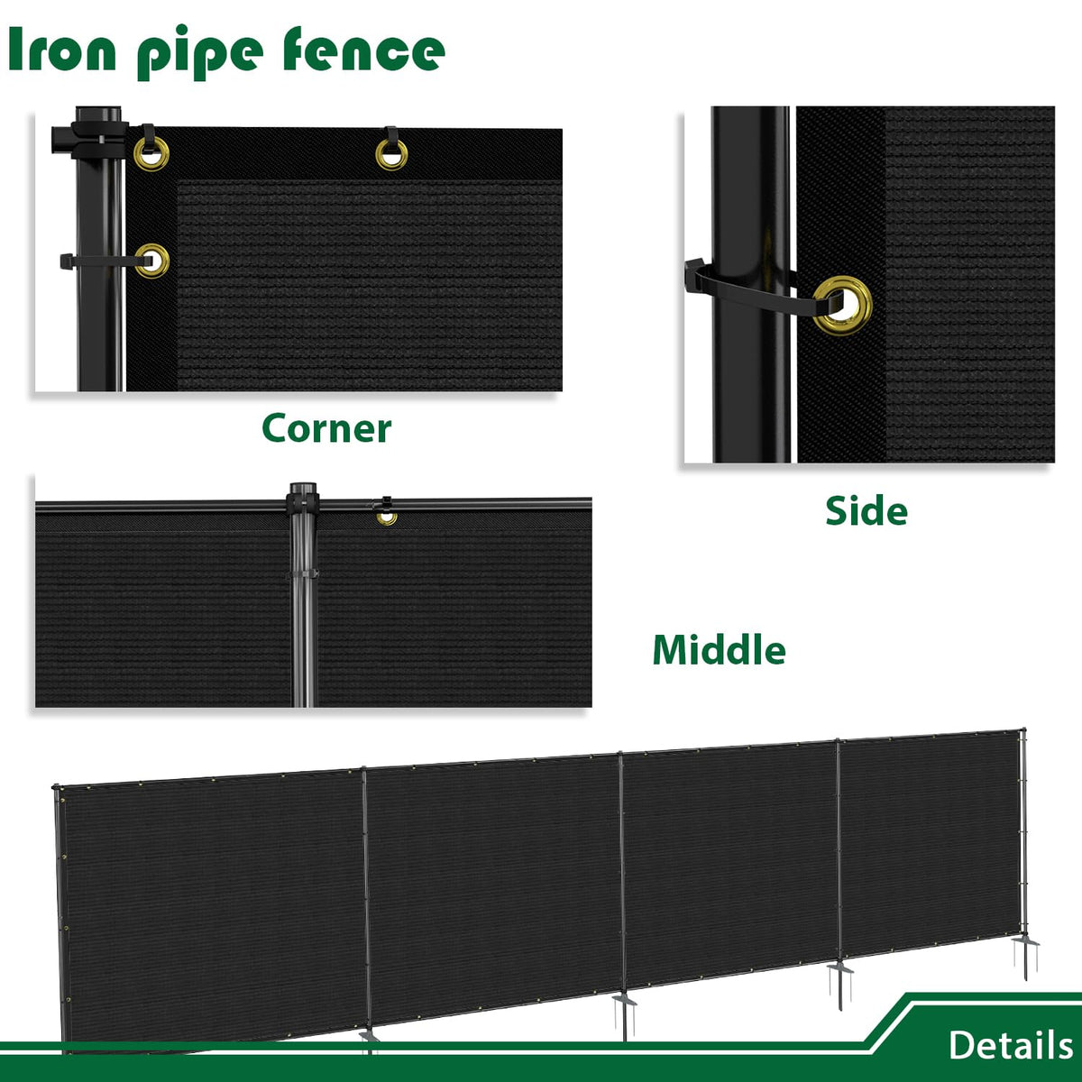 Goleray 5'Hx24'W Outdoor Freestanding Privacy Screen Fence Panels with Iron Poles, Mesh Shade Net Cover Temporary Fencing for Patio Backyard Garden Deck, Black