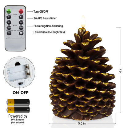 Yongmao Large Pine Cone Flickering Flameless Candles with Timer, Battery Operated Real Wax LED Candles for Christmas Home Party Decoration, Brown