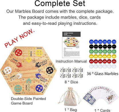 Original Marble Game Wahoo Board Game 16-Inch Double Side Painted Wooden Fast Track Board Game for 6 Player and 4 Player 6 Colors 36 Glass Marbles 8 Dice for Family Game Night Friends Party