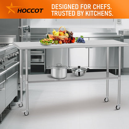 HOCCOT Stainless Steel Table with Wheels 24" x 60" Utility Worktable with Adjustable Undershelf for Commercial Kitchen, Garage, Restaurant