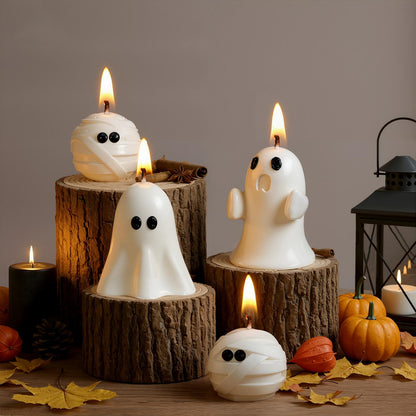 Minatee 4 Pieces Halloween Ghost Candles Large Scented Spooky Cute Mummy Candles Gifts for Halloween Party Boo Basket Stuffers Home Table Decor, 2 Style