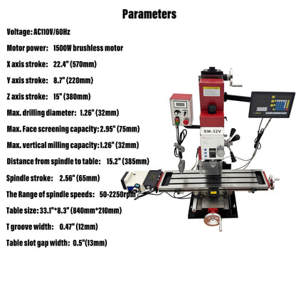 WYDDDARY 110V Mini Precision Milling and Drilling Machine 2HP Brushless, with 33.1"×8.3" Work Table, R8 Spindle 50-2250RPM, X-Axis Power Feed & 3-Axis DRO for Metal Wood DIY