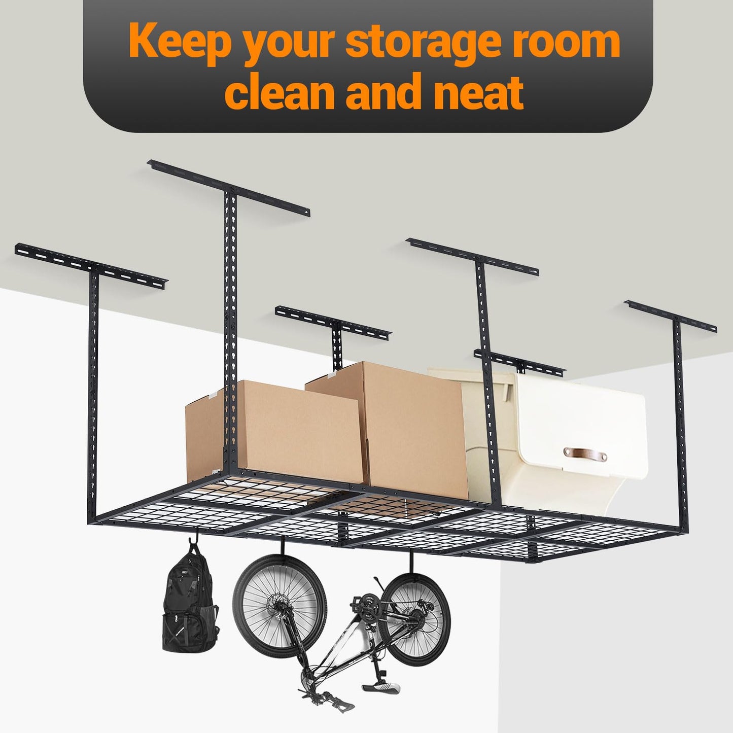 PioneerWorks Garage Ceiling Storage Racks, 96'' x 36'' Heavy-Duty Steel Garage Ceiling Rack with Space-Saving Design, Easy Installation, Adjustable Height, and Durable Finish for Garage