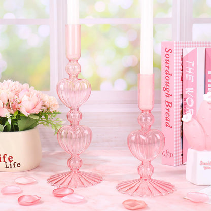 JarThenaAMCS 2Pcs Valentine's Day Glass Candlestick Holders Pink Heart Glass Taper Candle Holder Valentines Heart Candle Stick Vase Decor for Galentine's Day Wedding Festival Party Table Centerpiece