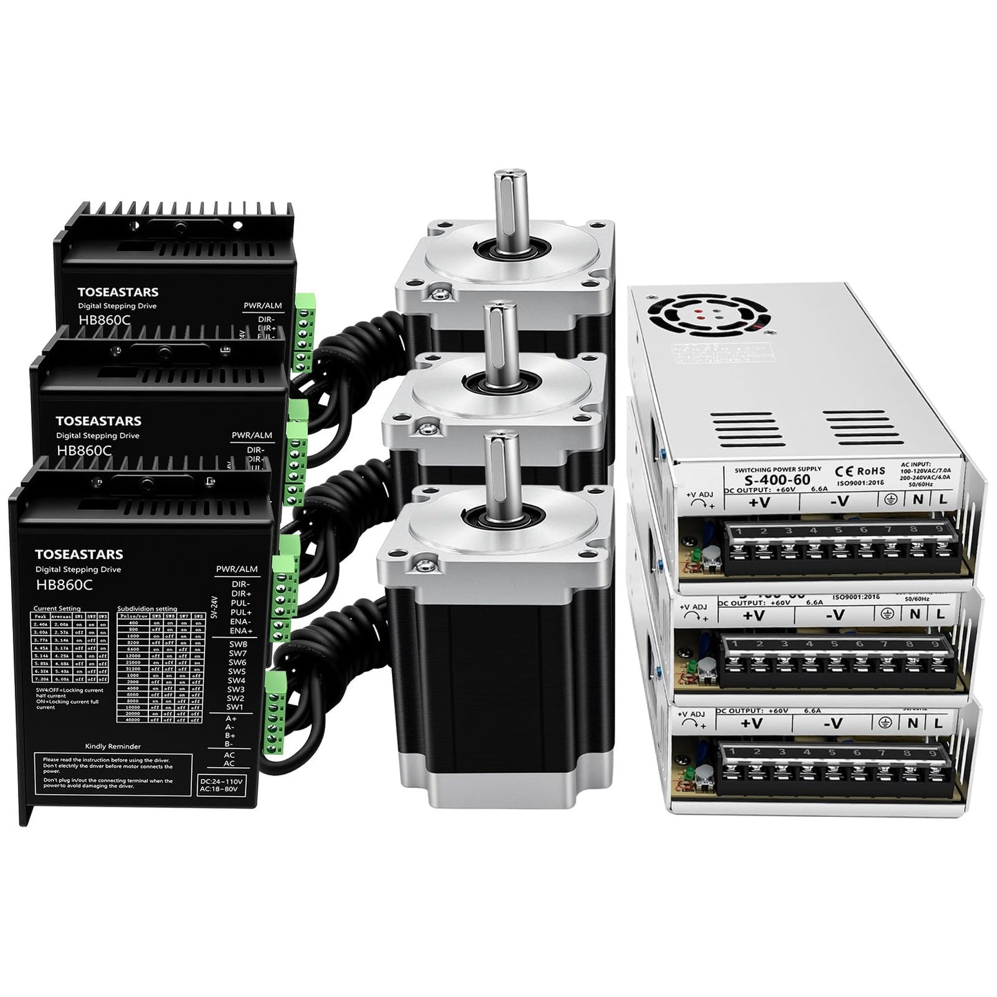 3 Axis CNC Controller Kit Nema34 86mm Stepper Motor 4.5Nm 640oz.in 2-Phase 6A, Step Motor Driver, 400W 60V Power Supply, Mach3 Control Card for CNC Router Machine Engraving