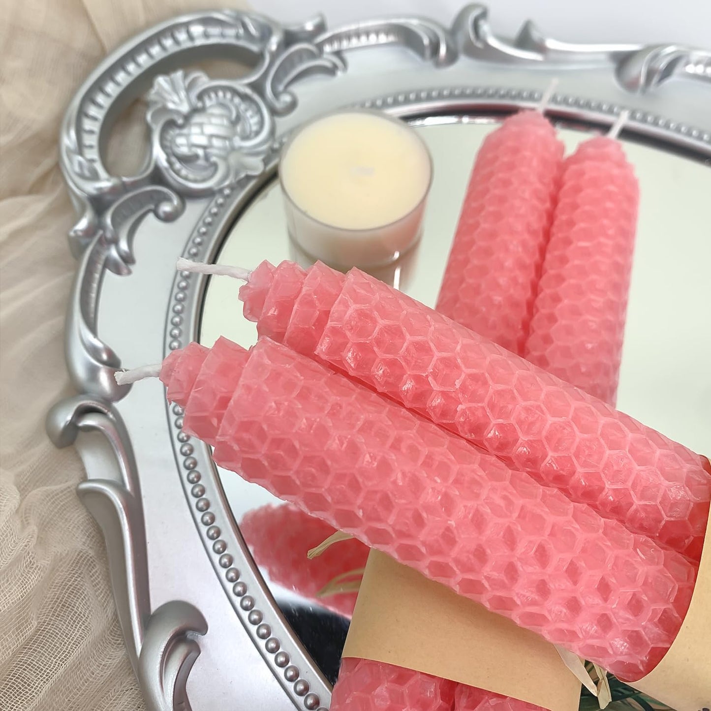 Lacaser Natural Beeswax Taper Candles Bulk Set,9" Long Candlesticks, Dripless & Unscented, 4 Hour Burn Time, Light Pink, 12 Pack