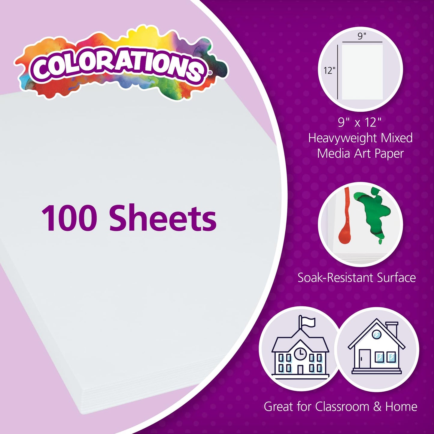 Colorations Art Paper, 9" x 12" Painting & Craft Paper, Finger Paints, Watercolor, Tempera, Drawing, Art Room & Homeschool Crafts 100 sheets