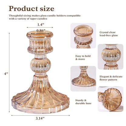 6 Pcs Golden Glass Taper Candle Holders – 4" Ribbed Candlestick Holders for Standard Candles | Elegant Centerpiece for Wedding, Party, Holiday & Home Decor