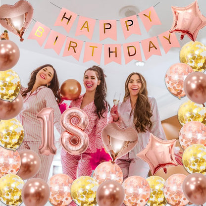 18th Birthday Decorations for Girls, Pink Rose Gold Happy 18 Birthday Banner Backdrop Balloons Table Cake Topper Honeycomb Centerpieces Hanging Swirls Paper Party Supplies