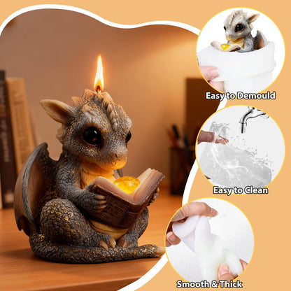 Book-Reading Dragon Silicone Candle Mold, 3D Dinosaur Resin Casting Silicone Mold for Home Decor, Soap & Candle Making, Animal Epoxy Resin Craft Mold, Gifts for Dinosaur Lovers