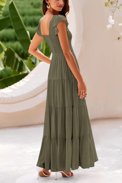 PRETTYGARDEN Women's Summer Flowy Maxi Dress Casual Cap Sleeve V Neck Smocked Beach Sundress