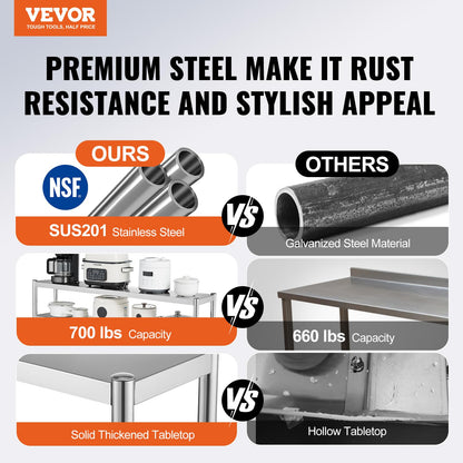 VEVOR Double Tier Stainless Steel Overshelf, 12 x 72 Inch Double Deck Height Adjustable Prep Work Table for Kitchen, Restaurant and Workshop