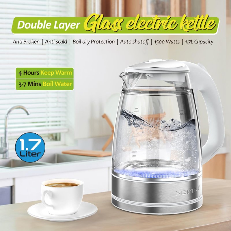 NISVITU Glass & Stainless Steel Cordless Electric kettle for boiling water, Hot water boiler Electric Tea Kettle automatic shut off Boil-Dry Protection, PC Outer + Glass Inner, 1500W, 1.7L, WH