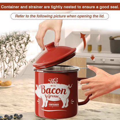 Bacon Grease Container With Strainer, 46OZ Large Enamel Grease Container, With Silicone Spatula, Farmhouse Bacon Grease Keeper, Cooking Oil Container For Kitchen Fat Storage, Dishwasher Safe-Red