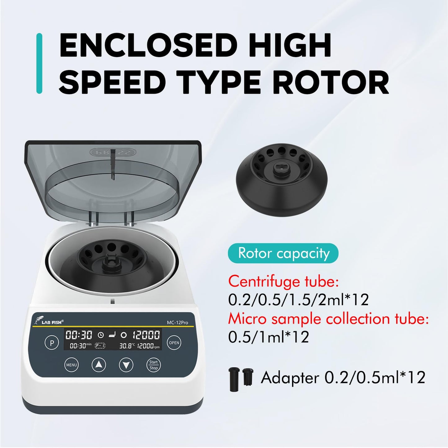 LAB FISH High Speed Centrifuge LCD 1000-12000 RPM,Max 9660 xg RCF Microcentrifuge 0.2ml/0.5ml/1ml/1.5ml/2ml Tubes for Lab