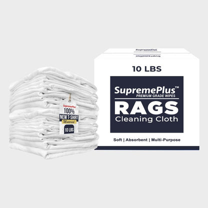 SupremePlus Premium New White Cotton Knit T-Shirt Rags (10 lbs. Box of Rags) - Lint-Free, Soft & Absorbent Cleaning Cloths for Auto, Paint, Garage, Staining & Polishing