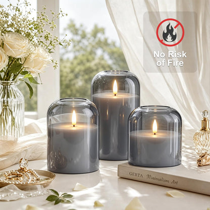 ARIKJ Grey Glass Flameless Candles with Remote and Timer, Realistic Flickering 3D Wick Battery Operated LED Pillar Candles, Modern Moody Gothic Aesthetic Decor for Fireplace Mantel Shelf Table