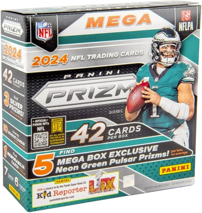 2024 Prizm Football Mega Box (Neon Green Pulsar) (42 Cards) (Look for Williams Daniels Maye Nix Penix McCarthy Rookies!)