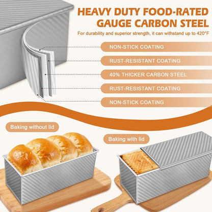 Dipanist 2.2lb Pullman Loaf Pan with Lid, Nonstick Carbon Steel Square Bread Pan for Baking Shokupan, Sandwich, Pain de Mie & Sourdough – Includes 6 Bonus Tools