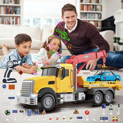 2.4GHz Remote Control Tow Truck for Kids – RC Log Truck with Racing Car 4 Channel RC Transport Crane Vehicle Toy with Lights &amp Sounds 28PCS Traffic Signs 2 Batteries – Birthday Gift for Boys Gi