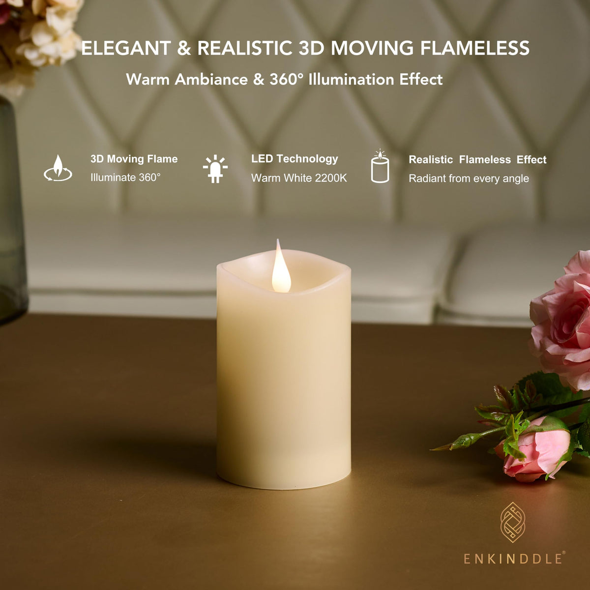 ENKINDDLE Flameless Candles with Timer, 3D Moving Flame LED Pillar Candle, Real Wax Flickering Candle, Battery Operated, Ivory 3"x5" for Table Centerpiece & Home Décor