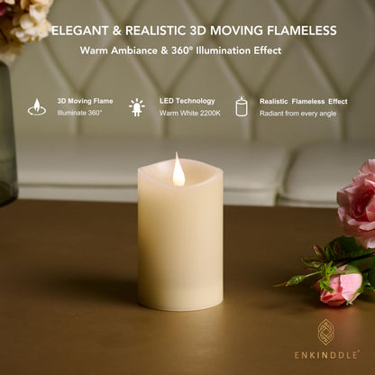 ENKINDDLE Flameless Candles with Timer, 3D Moving Flame LED Pillar Candle, Real Wax Flickering Candle, Battery Operated, Ivory 3"x5" for Table Centerpiece & Home Décor