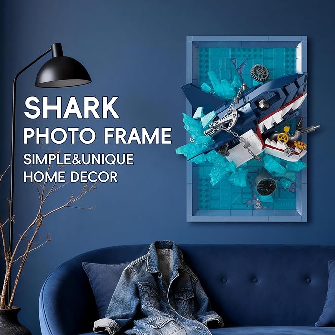 Shark Photo Frame Building Blocks Set 3D Wall Decor Bricks Kit Unique Home Wall Decor or Table DisplayIdeal Gift Toy for Adults &amp Teens.