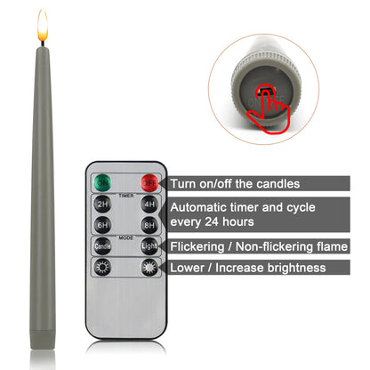 CVHOMEDECO. Flameless Taper Candles with 10-Key Remote, Battery Operated Led Flickering 3D Wick Window Candles Real Wax Finished Home Christmas Party Decor 0.78 x 11 Inch, Pack of 2, Grey
