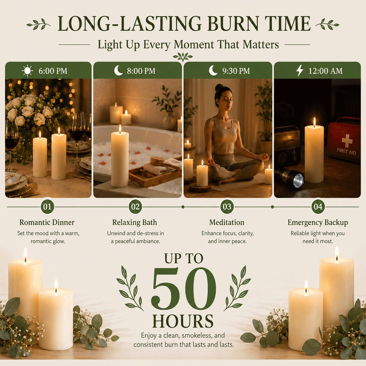 12 Pack Creamy White Soy Wax Pillar Candles 2x6 in, Unscented Decorative Candles, 600h Total Burn (50h Each), Clean Burning, Smokeless & Dripless for Wedding, Fireplace, Home Decor & Dinner Table