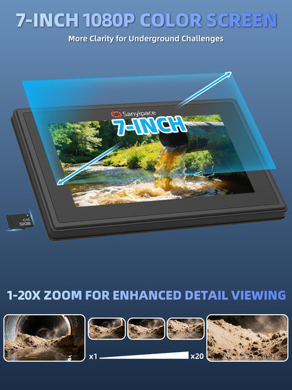 Sanyipace Drain Camera 100FT/30M, 7'' IPS 1080P Pop-Up Screen Sewer Inspection Camera with Distance Counter,20X Digital Zoom,Waterproof Inspection Camera with12 LEDs, for Sewer Line Pipe Inspection