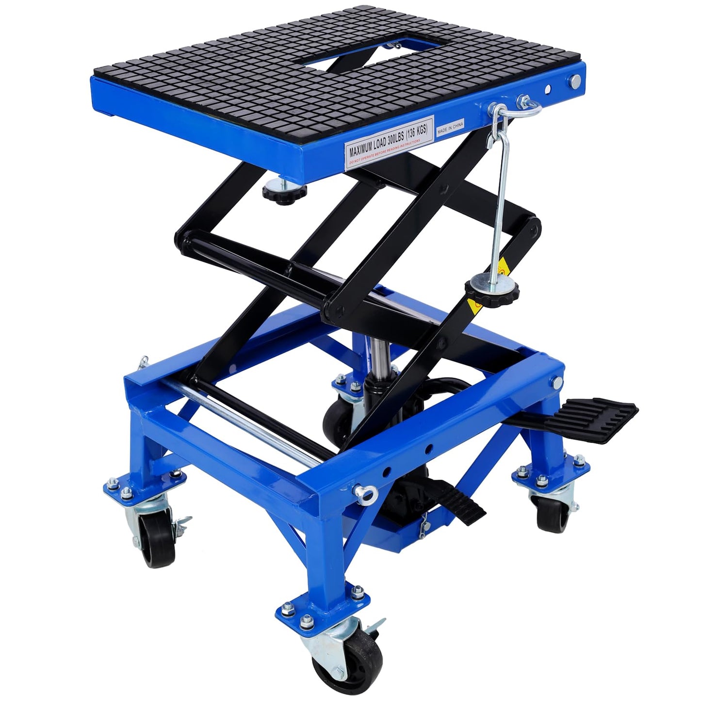 SPOFLYINN 300 Lbs Hydraulic Motorcycle Scissor Jack Lift Foot Step with 4 Wheels Jack Stand Portable Lift Table for Small Dirt Bikes Blue