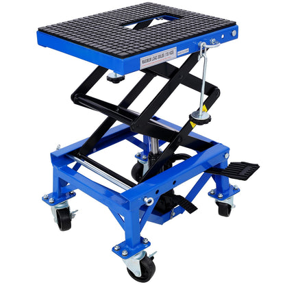SPOFLYINN 300 Lbs Hydraulic Motorcycle Scissor Jack Lift Foot Step with 4 Wheels Jack Stand Portable Lift Table for Small Dirt Bikes Blue
