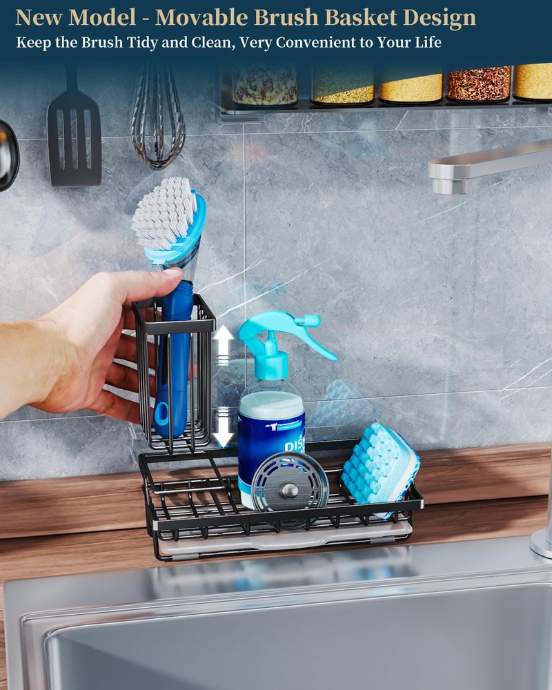 Consumest Sponge Holder for Kitchen Sink - Kitchen Sink Caddy Organizer with Removable Drip Tray for Countertop Dish Soap Dispenser Brush Storage Accessories 304 Stainless Steel - Black