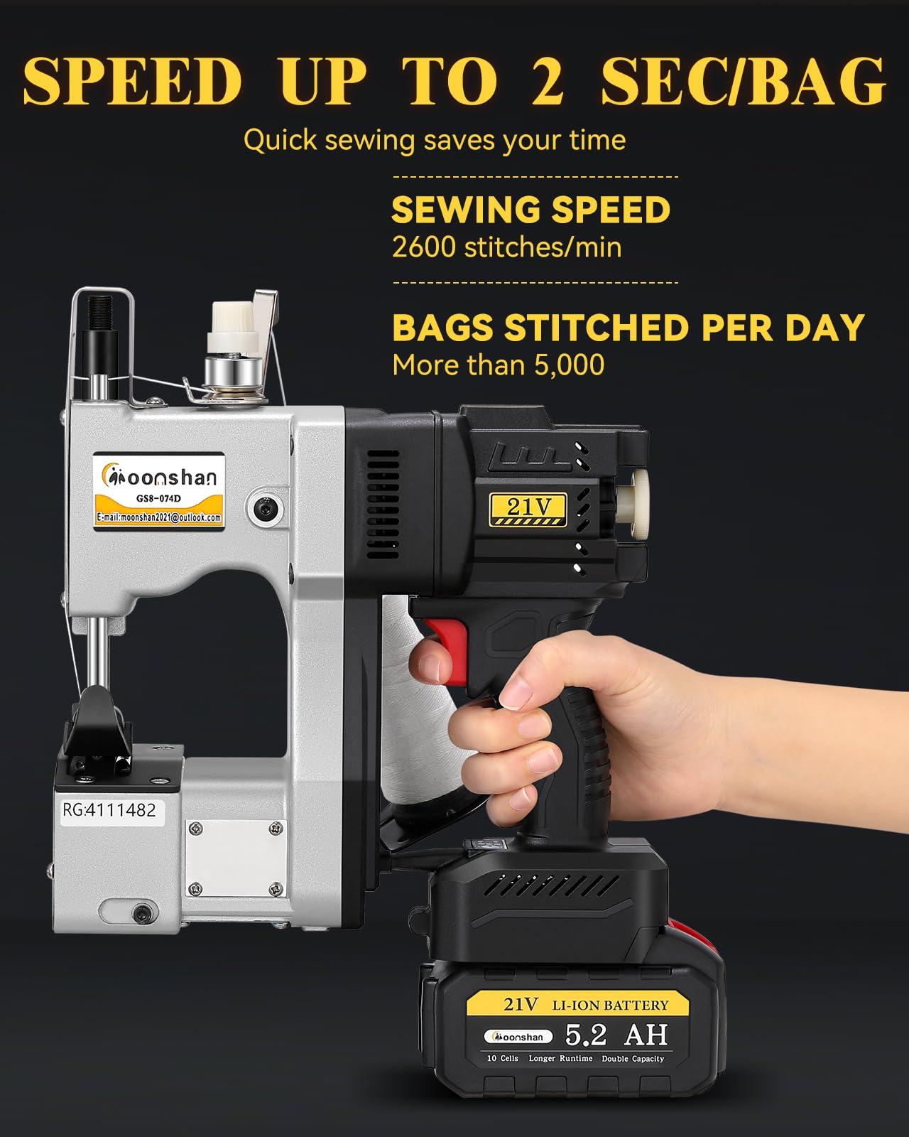 Moonshan Cordless Bag Closer Machine, Adjustable Speed Industrial Bag Closing Machine Bag Sewing Machine Aluminum Alloy for Packing Woven Bags Leather GS8-074D